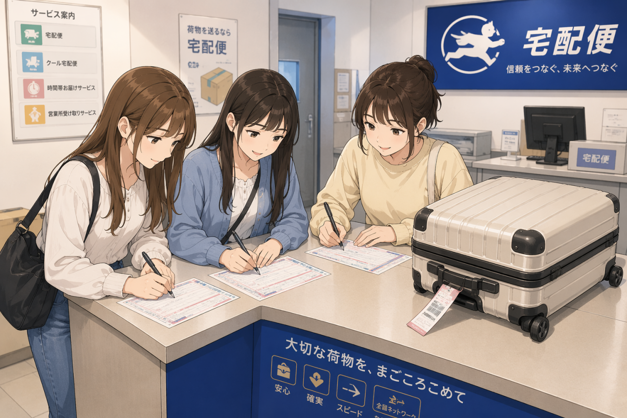 宅配カウンターで伝票を書く